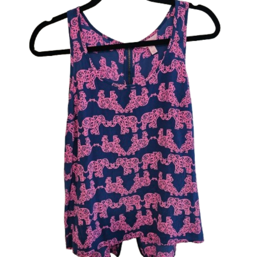 Lilly Pulitzer Blue Pink Silk Elephant Print Tank Back Zipper Boho - Picture 2 of 8